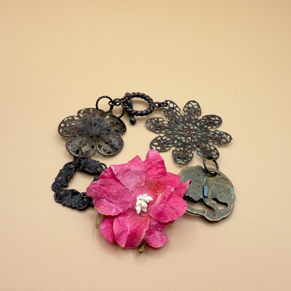 Bronze Tone Filigree Flower Bracelet Pink Fabric Vintage Boho Romantic Statement